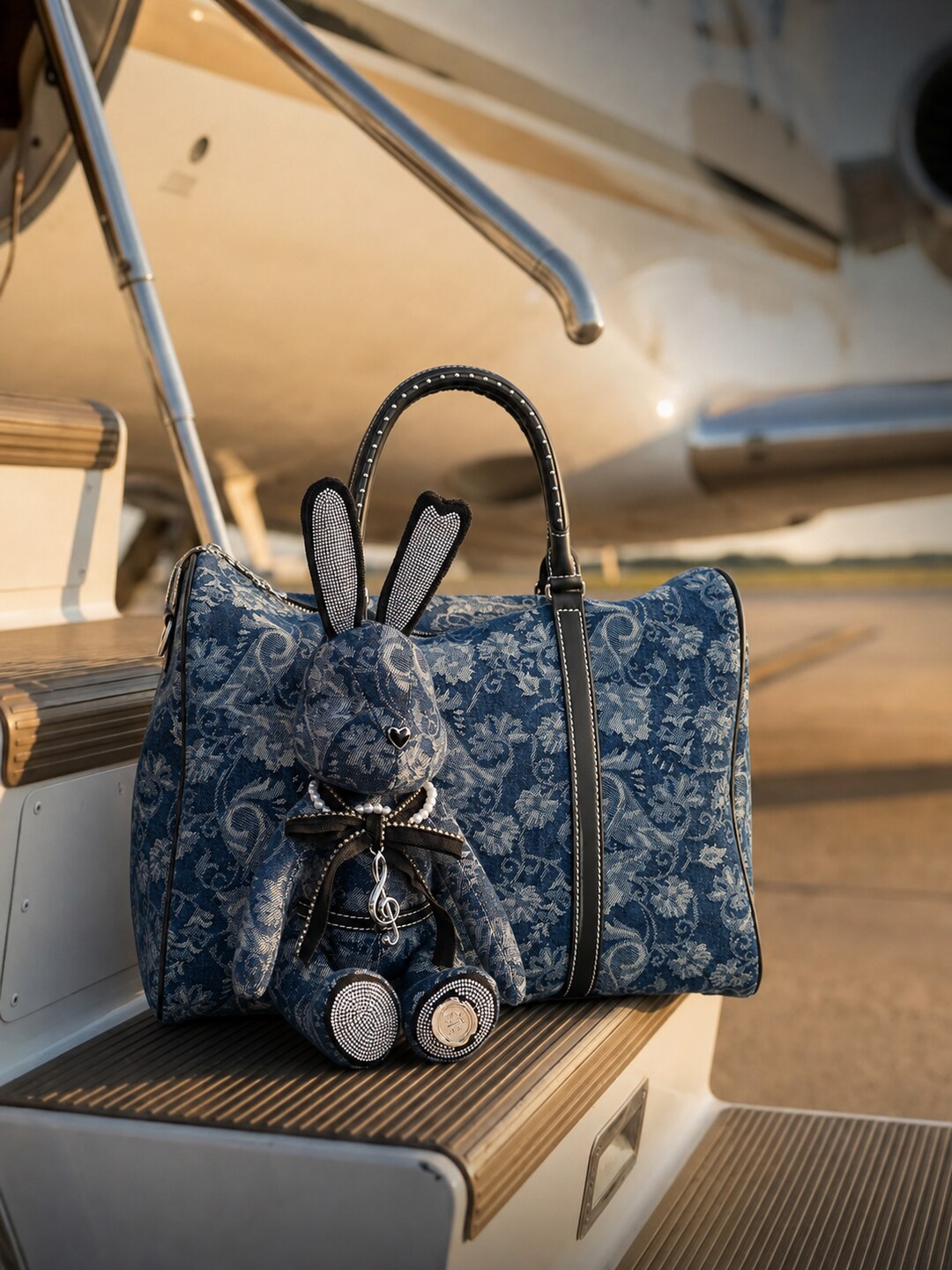 A denim Hareloom Carry All with its rabbit charm, beside a private aircraft.