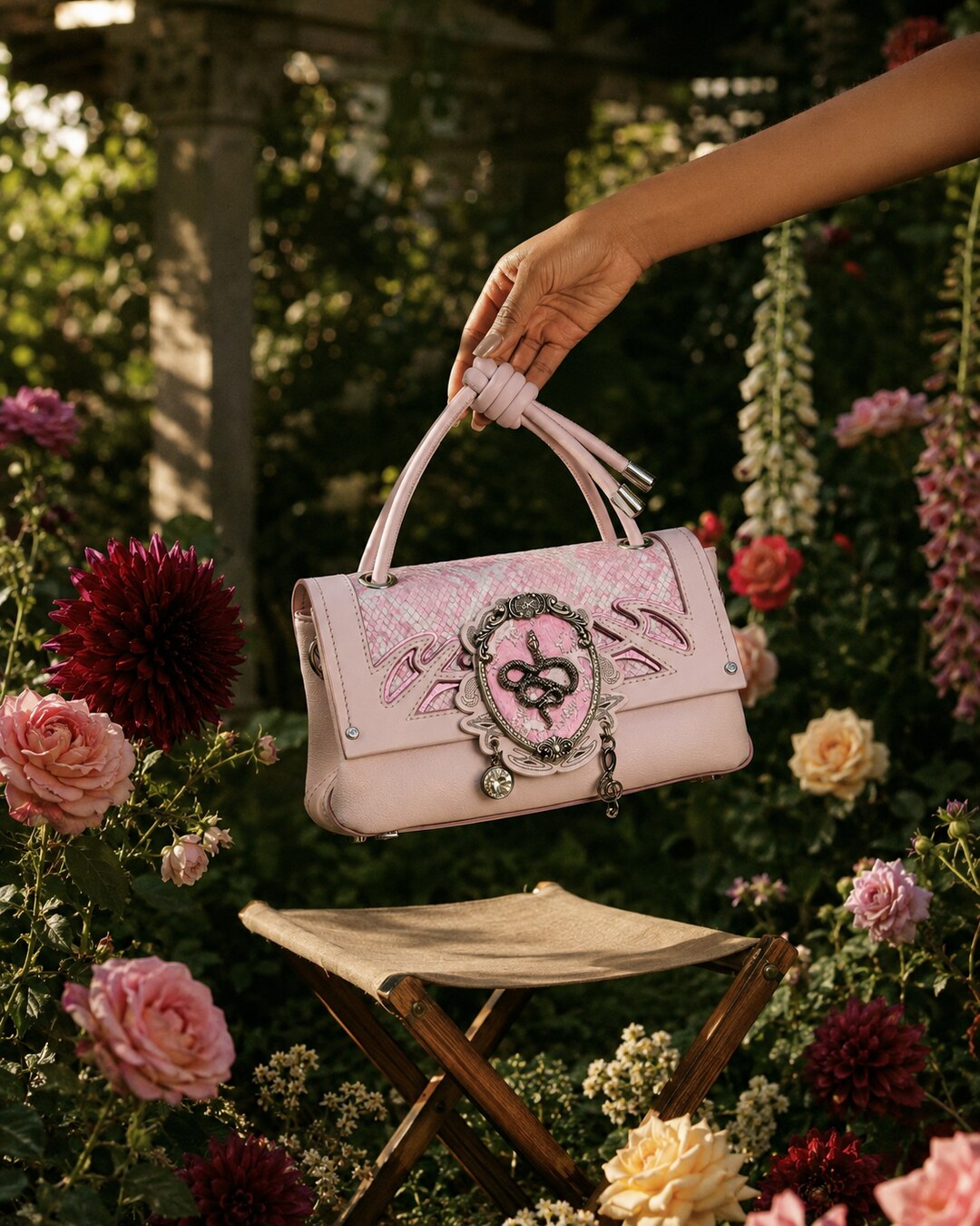 A blush serpent-medallion flap bag held in a garden of dahlias and roses.
