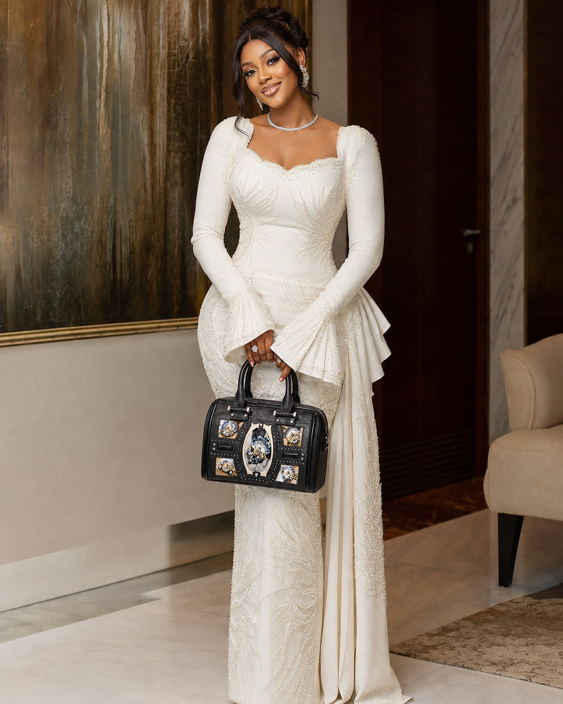 The Midnight Testament bag carried with a white gown.